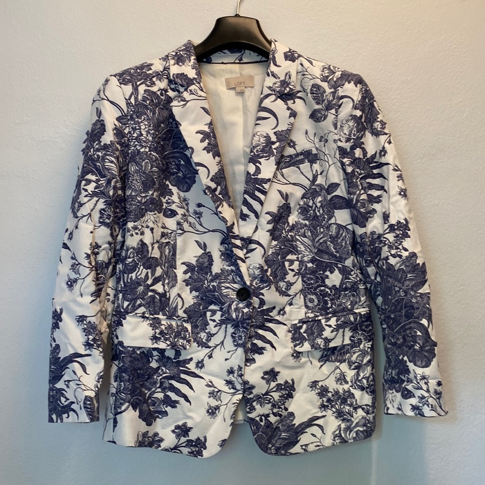 Navy and white toile print blazer from Loft